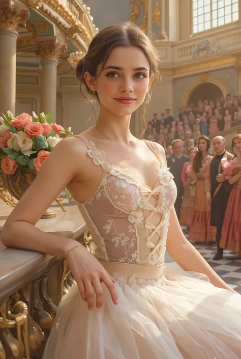 A portrait of a beautiful 18-year-old ballerina in 19th-century France. She has delicate and refined facial features, fair translucent skin, large expressive eyes, and a graceful smile. Wearing a classic ballet tutu made of soft silk and lace, adorned with...