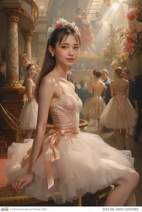 A portrait of a beautiful 18-year-old ballerina in 19th-century France. She has delicate and refined facial features, fair translucent skin, large expressive eyes, and a graceful smile. Wearing a classic ballet tutu made of soft silk and lace, adorned with...