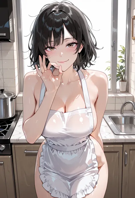 high res image, Beautiful girl with slim body, (masterpiece, detailed:1.2), (1girl:1.4), (black hair, short hair, messy hair, long side bangs), (dynamic poses), looking at viewer, (blushed, light smile), (brown eyes, detail eyes), Beautiful eyes, (average ...