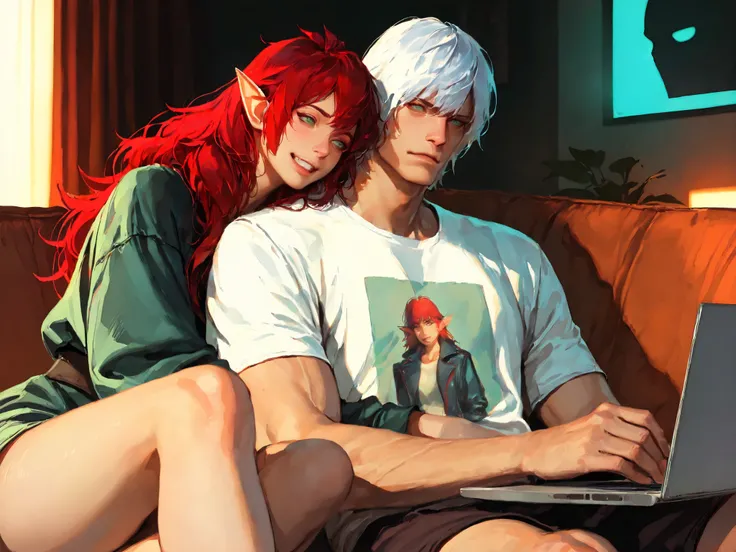 score_9, score_8_up, score_7_up, source_anime, absurd_dres,absurd_dress,1boy(Dante(Devil may cry)!!white hair!!, separate bang,t-shirt with "Rick and Morty" print) and TakashiroHiroko ,(!!sharp long elfs ears!!, !! red hair!!, !!long hair!!, separete bang)...
