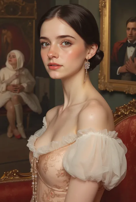Realistic Portrait of a Beautiful 18 Year Old Ballerina in 19th Century England, Elegant and Delicate Expression, graceful posture, Detailed Clothing Details, Luxury Background, HDR, UHD, detailed oil painting, professional , Clear focus, Physically Based ...