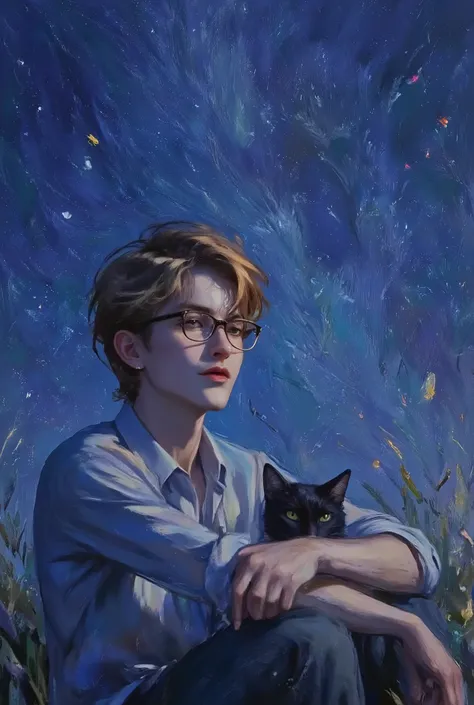 Starry night, field with fireflies, a young men with sad bright eyes, with blonde hair, in oversized shirt and dark trousers, sitting on the grass, watchin the stars, He has a black cat, And he is Introvert man / Man Wearing Glasses Not Smiling, He was hol...
