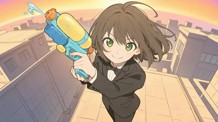 masterpiece, best quality, newest, absurdres, highres,view from above,
short dark brown hair, ahoge, shiny green eyes, 1girl, solo, happy and confident expression, bright cheerful smile, spy aesthetic, dynamic action pose, pointing a colorful toy water gun...