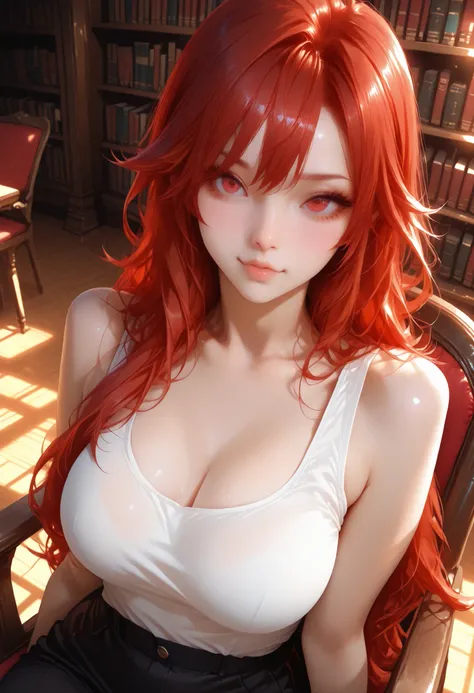 ultra detailed realistic busty mavuika half body, red hair, red eyes, white tank top , background, ray tracing, long hair, sit on the chair, in the library, cute face, cute pose sexy,