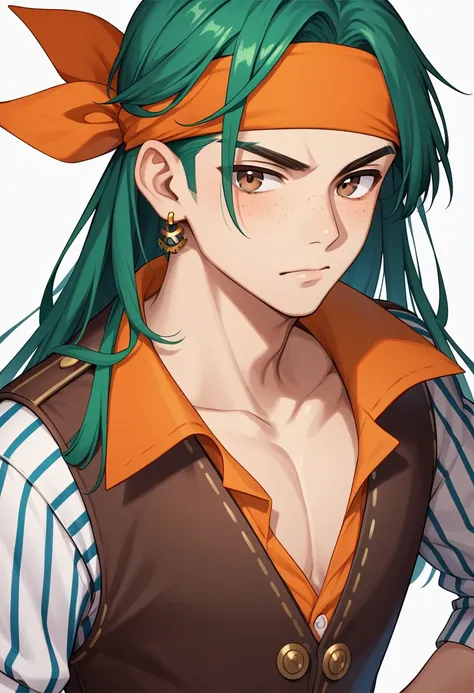 a young anime man with green hair with a toothpick in his mouth and wearing pirate clothing, 27 y.o.,watercraft, ship, 1boy, jewelry, (freckles), male focus, orange bandana with white pattern, solo, ((dark green long straight hair)), (dark green hair), (lo...