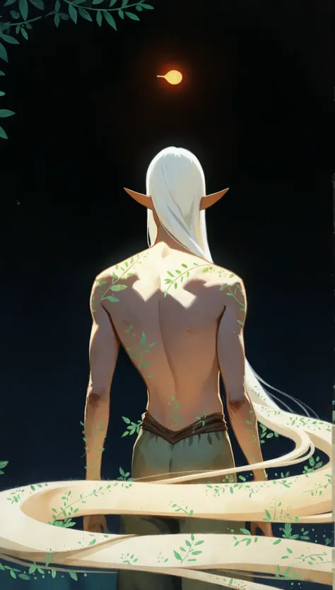 drki, portrait, 1boy, from behind, dark elf, long white hair, ethereal atmosphere, surreal lighting, fantasy aesthetic, painterly illustration, gouache painting, soft lighting illustration, 2d art, leaves, abstract background, masterpiece, best quality, Sm...