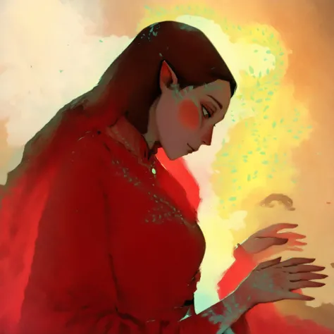 drki, hyper detailed painting of 1girl, looking down, vibrant skin, ethereal glow, surreal lighting, soft expression, mystical fantasy aesthetic, painterly illustration, gouache painting, soft lighting illustration, 2d art, delicate background, masterpiece...