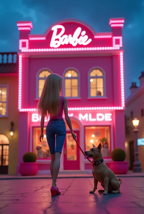Create a vibrant scene featuring a Barbie doll walking a dog in front of a Barbie house on the streets of Barbie City. The setting should be illuminated with cinematic lighting, enhancing the colorful and playful atmosphere of this iconic world.