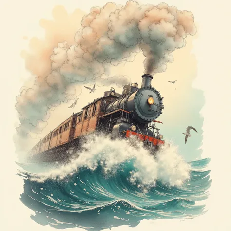 Whimsical watercolor illustration with bold hand-drawn outlines, a steam locomotive bursts through cotton-candy clouds, plummeting toward turquoise waves where its twin glides on aquatic rails. Paint bleeds create ethereal trails, ink splatters morph into ...