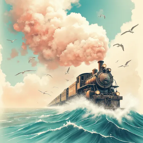 Whimsical watercolor illustration with bold hand-drawn outlines, a steam locomotive bursts through cotton-candy clouds, plummeting toward turquoise waves where its twin glides on aquatic rails. Paint bleeds create ethereal trails, ink splatters morph into ...