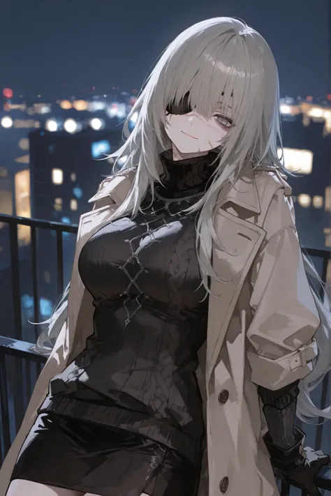 1girl, long_hair, gloves, eyepatch, solo, black_gloves, coat, breasts, skirt, grey_eyes, large_breasts, open_coat, very_long_hair, brown_coat, open_clothes, night_city_background, sweater, black_skirt, grey_hair, blurry, outdoors, black_sweater, bangs, bla...