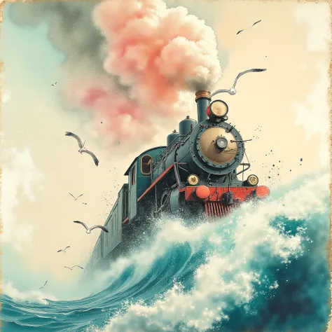 Whimsical watercolor illustration with bold hand-drawn outlines, a steam locomotive bursts through cotton-candy clouds, plummeting toward turquoise waves where its twin glides on aquatic rails. Paint bleeds create ethereal trails, ink splatters morph into ...