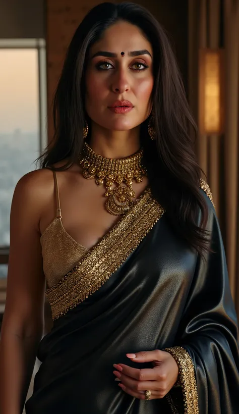 Detailed KareenaKapoorFlux, wearing black shinny leather indian traditional saree, golden leather blouse, giving strict mistress pose inside modern bedroom of high rise apartment, seductive behaviour looking at camera with evil horny expression, lots of he...