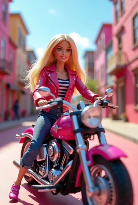 Create a vibrant scene featuring a Barbie doll in a picturesque setting. The focus is on Barbie riding a Barbie-Davidson motorcycle. In the background, showcase the streets of Barbie City with the iconic Barbie House. The lighting should be cinematic, enha...