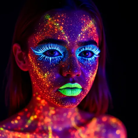A photograph of a young girl's luminescent face with vibrant, glowing makeup. Her skin is covered in bright orange, red, and blue colors, creating a striking contrast with her natural skin tone. The makeup is heavily applied, with a focus on the eyes and l...