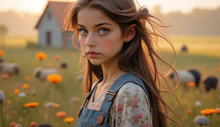 A 30-year-old girl in overalls stands near a farm. 4k camera. Professional background blur. Chromatic aberrations at the edges of the picture. That girl is brown, she has long, straight chocolate hair, and blue eyes
Fill this image with obscurity