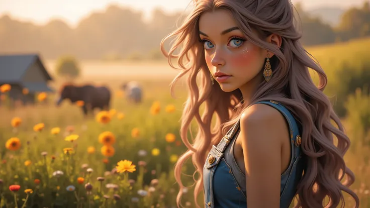 A 30-year-old girl in overalls stands near a farm. 4k camera. Professional background blur. Chromatic aberrations at the edges of the picture. That girl is brown, she has long, straight chocolate hair, and blue eyes
Fill this image with obscurity