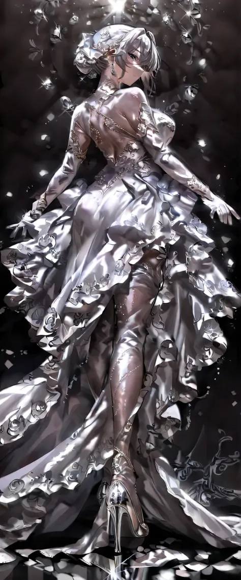 ( No Characters ) faucet liquid silver metallic sparkling silver metallic sparkling fluid silver、beautiful woman in silya room、Slender Full Body Liquid Art Style Detailed Intricate Masterpiece , best quality、 eyes are shining、metallic wedding dress、Danc...