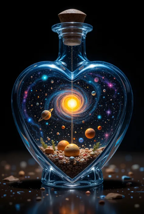 A detailed close-up shot of a heart-shaped glass bottle containing a meticulously rendered miniature galaxy and solar system. The glass is crystal clear, showcasing intricate details of swirling nebulae in vibrant blues, purples, and pinks, contrasted by t...