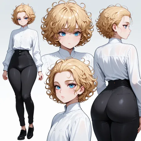1boy, femboy, blonde Hair, curly hair, blue eyes, thick thighs, small waist, black pants, white shirt, messy hair, curly hair, short hair, hair pulled back, Glossy skin, long sleeves, multiple views, black shoes,  slender shoulders