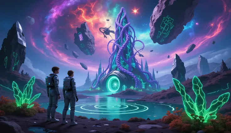 The infamous Cthulhu style Details， 1 boy , 1 Girl, Brave space travelers。these young explorers in high-tech space suits，The inside of the spacesuit has a complicated circuit design，Glowing neon lights。They're standing on an unknown alien planet，Every vine...