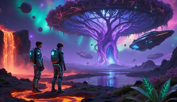 The infamous Cthulhu style Details， 1 boy , 1 Girl, Brave space travelers。these young explorers in high-tech space suits，The inside of the spacesuit has a complicated circuit design，Glowing neon lights。They're standing on an unknown alien planet，Every vine...
