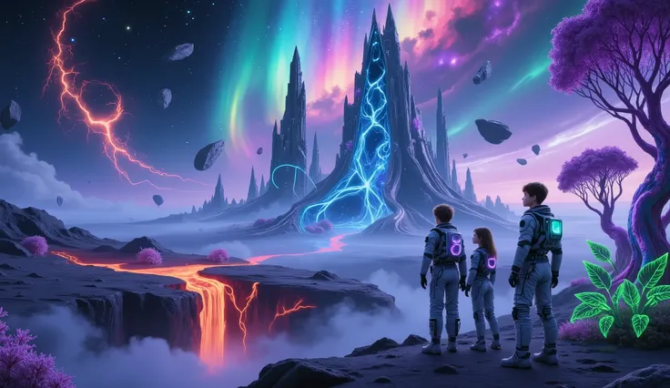 The infamous Cthulhu style Details， 1 boy , 1 Girl, Brave space travelers。these young explorers in high-tech space suits，The inside of the spacesuit has a complicated circuit design，Glowing neon lights。They're standing on an unknown alien planet，Every vine...