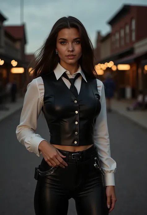 Full body beautiful sexy sensual bombshell sheriff 18 years old black long straight hair, black eyes, big breasts, wide, athletic shoulders, slim waist, long shapely legs, detailed hands, perfect eyes black leather vest, white silk shirt, black leather ti...
