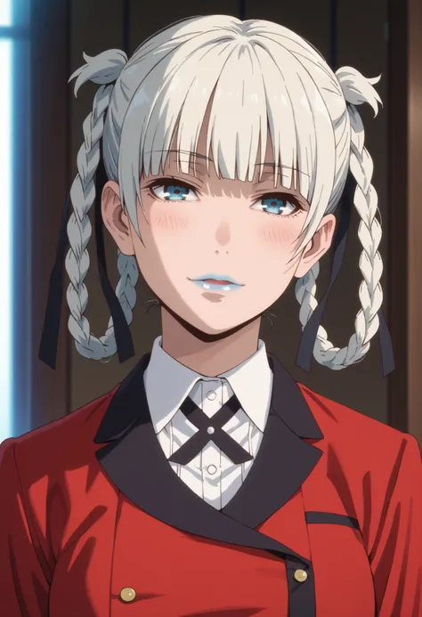 Score_9, score_8_up, score_7_up, score_6_up, source_anime, rating:general, 1girl, kirari momobami, white hair, braided hair, sultry look, head tilt, blush, pale white skin, blue eyes, blue lipstick, colored contacts, medium sized breasts, pleated skirt, bl...