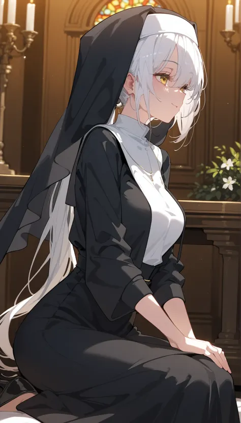 Alone ,girl,white hair,dot hair in the yellow eye,,long hair,Milf,short hair, ponytail,Black suit, white shirt ,slim,,long skirt,Black suit,cute,sit,Praying ,,long skirt,Nun,Small butt,, closes its eyes,,Close your eyes