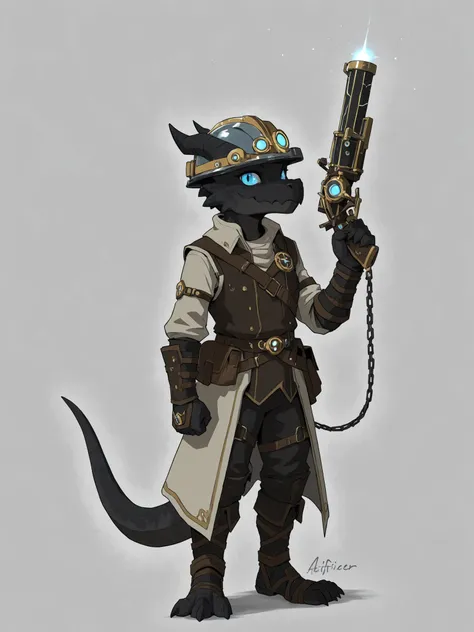 kobold, artificer, black scales, miner's helmet, blue eyes