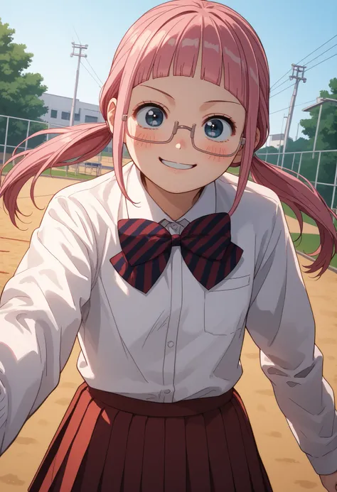 score_9, score_8_up, score_7_up, 1 girl, solo source_anime, makeruyadano, makeru yadano, long hair, bangs, ponytail, pink hair, twintails, blunt bangs, blue eyes, glasses, skirt, shirt, long sleeves, bow, school uniform, white shirt, pleated skirt, striped...