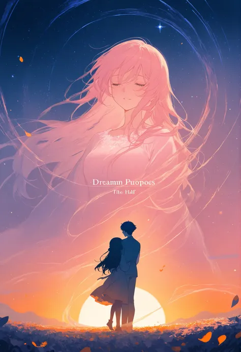 A beautifully melancholic anime-style illustration for an album cover: Half the image shows a soft sunrise with pastel pink and orange skies, the other half a serene twilight with deep purples and blues. In the center stand two figures back‑to‑back—one fem...