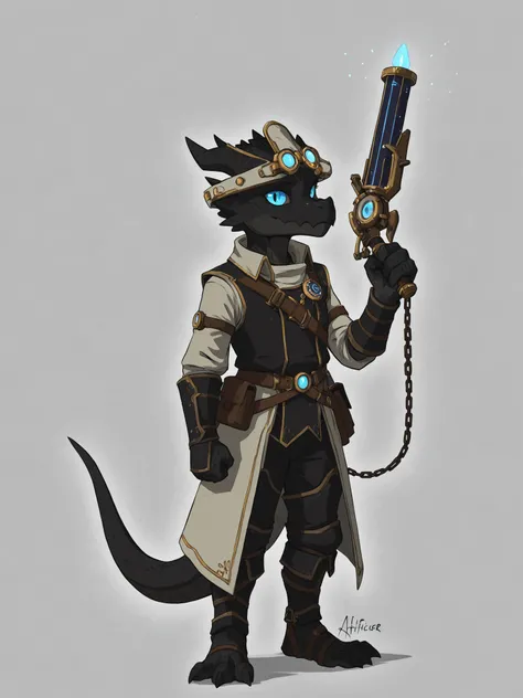 kobold, artificer, black scales, blue eyes