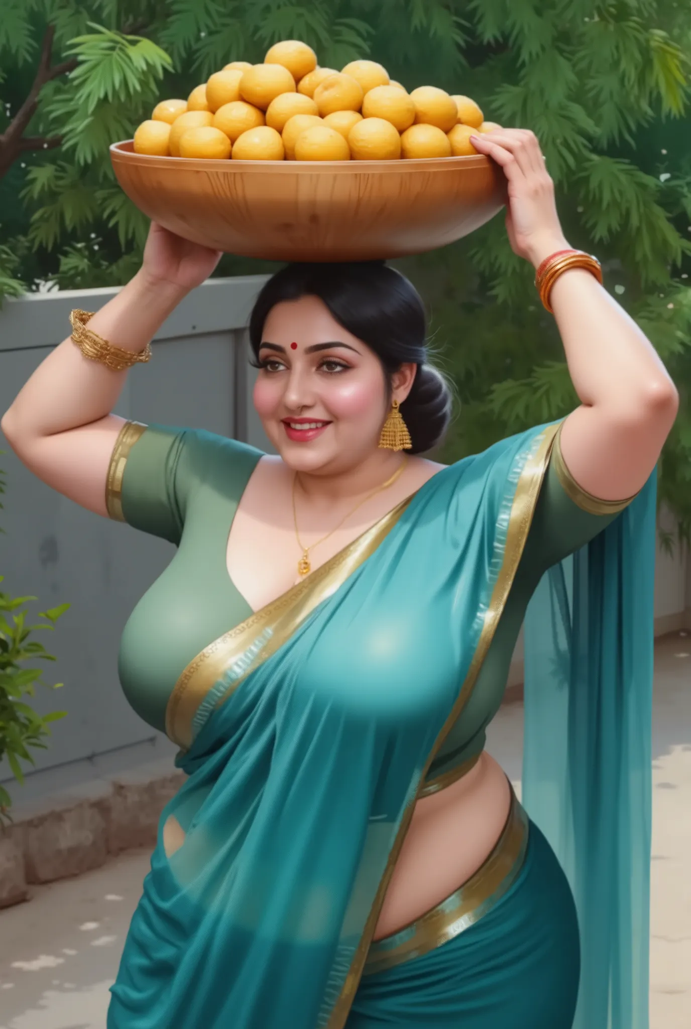 ((Centered composition, perfect framing, no cropping)), a high-quality painting by renowned artist Manimala, depicting a beautiful Indian woman, 45 years old, curvaceious, milf, thicc, busty, looking at the viewer, intricate facial features, serene express...