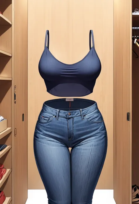 (invisible:1.5, no humans:1.5, headless:1.5, faceless:1.5), (denim pants, in closet:1.2), (big breast), (best quality, masterpiece:1.2), detailed cloth texture, detailed anime, super fine illustration