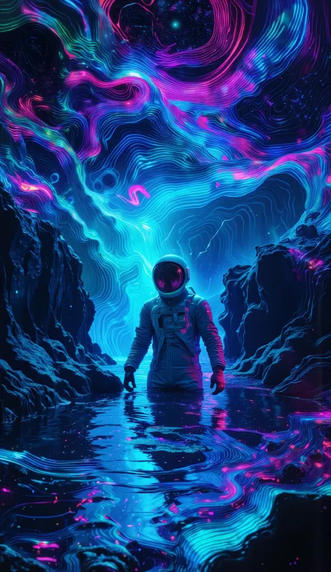 A mysterious astronaut sinking slowly into a glowing, magical psychedelic ocean under a starry sky, surrounded by ethereal light trails and floating ancient runes, his cracked helmet leaking stardust, galaxies reflected in the water, surreal atmosphere mix...