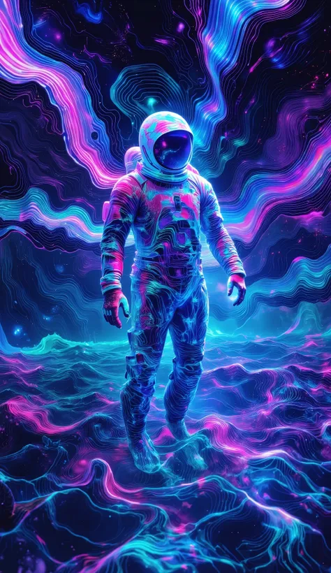 A mysterious astronaut sinking slowly into a glowing, magical psychedelic ocean under a starry sky, surrounded by ethereal light trails and floating ancient runes, his cracked helmet leaking stardust, galaxies reflected in the water, surreal atmosphere mix...