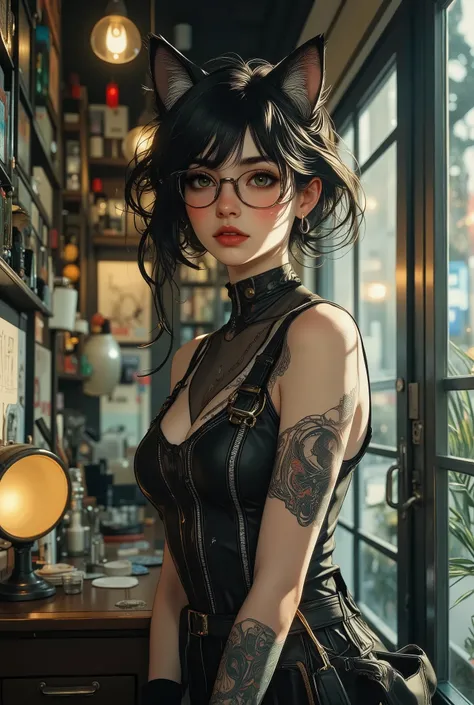 ((top quality、masterpiece、high sensitivity、high resolution、detailed description、Delicate Face Depiction、８Ｋ)),((Slender Woman、wearing glasses)),GeGeGe no Kitaro、Cat Girl、Anime Cosplay、