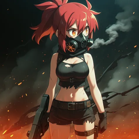 masterpiece, best quality, amazing quality, Anime Screencap. BREAK. 1girl, solo, breasts, mask, navel, torn clothes, gas mask, weapon, ponytail, thigh strap, hair between eyes, strap, red hair, orange eyes, buckle, belt, smoke, medium breasts, standing