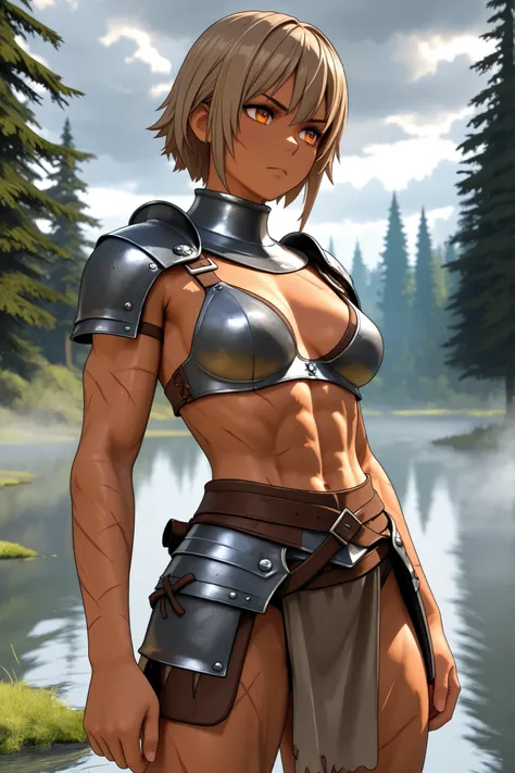 Girl, medieval mercenary armor, medium breasts, forest lake background, hand-cut hair, light brown hair, amber eyes, perfect figure, toned body, day, cloudy, fog, 3d render art, battle scars, dark complexion, looking you, serious face