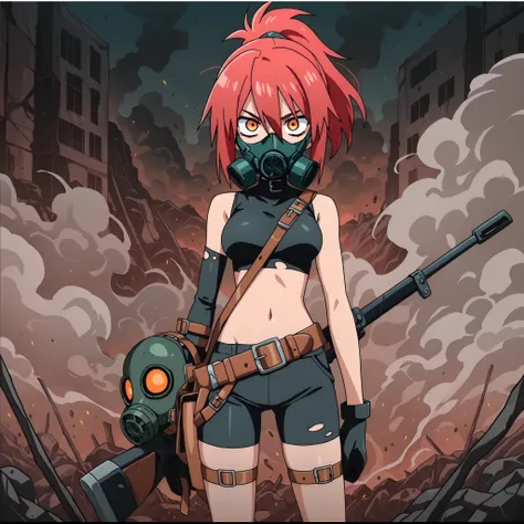 masterpiece, best quality, amazing quality, Anime Screencap. BREAK. 1girl, solo, breasts, mask, navel, torn clothes, gas mask, weapon, ponytail, thigh strap, hair between eyes, strap, red hair, orange eyes, buckle, belt, smoke, medium breasts, standing