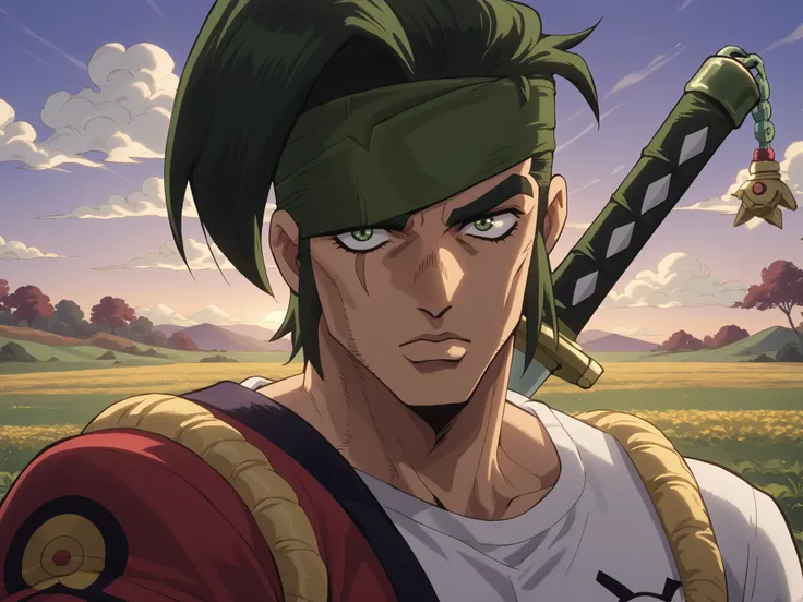 kenji, cabelo azul, Long FRINGE, Good man, Green spot on the eye, eye scar, sem barba, green eyes, thick eyebrows, dark green ribbon, olhos, muscular, portrait he has his katana, do it in an open field, training sword,   with a katana, He is training with ...