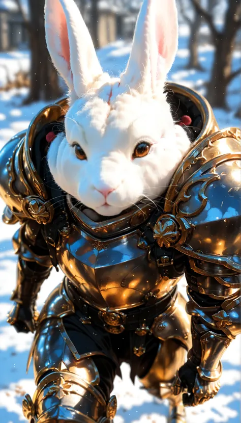  depth of field, high definition image,a lot of details,rabbit,armor,vs