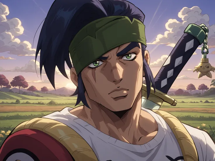 kenji, dark blue hair, Long FRINGE, Good man, Green spot on the eye, eye scar, sem barba, green eyes, thick eyebrows, dark green ribbon, olhos, muscular, portrait he has his katana, do it in an open field, training sword,   with a katana, He is training wi...