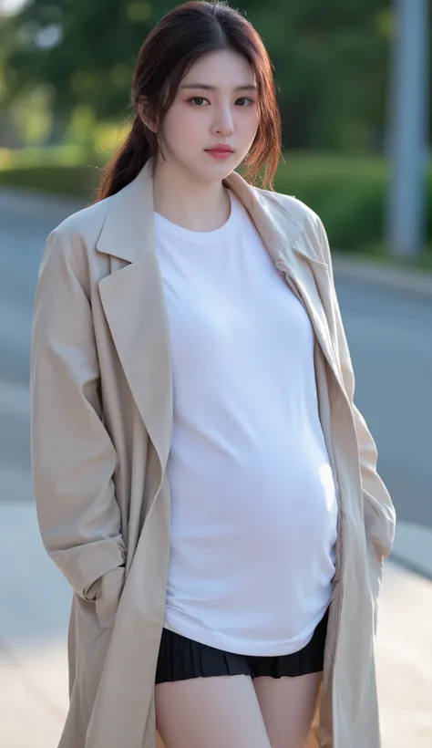 natural light,masterpiece,ultra_realistic 4k, fair skin,photo of korean beautiful pregnant detective, white_shirt, trench coat, large belly, full term belly, full term pregnant, huge pregnant,beauty_asian, large shirt, oversized shirt, wide hip, massive bo...
