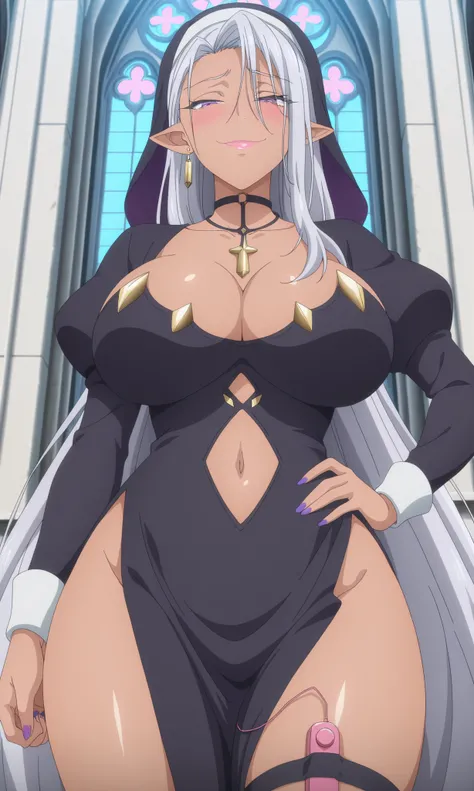 masterpiece, best quality, amazing quality, anime screenshot, anime coloring, 1 girl, solo, equidnaegwa, dark skin, pink lips, pointed ears, long hair, white hair, earrings, jewelry, purple eyes, evil smile, smile, squinting eyes, ((focus on face)), 1 girl...