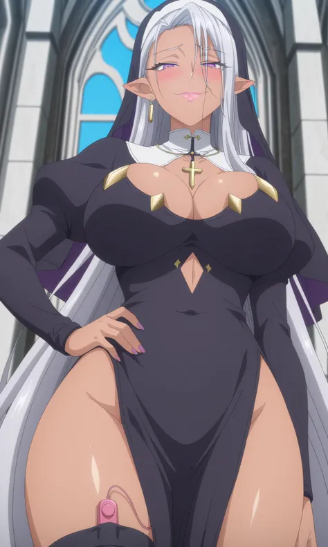 masterpiece, best quality, amazing quality, anime screenshot, anime coloring, 1 girl, solo, equidnaegwa, dark skin, pink lips, pointed ears, long hair, white hair, earrings, jewelry, purple eyes, evil smile, smile, squinting eyes, ((focus on face)), ((perf...