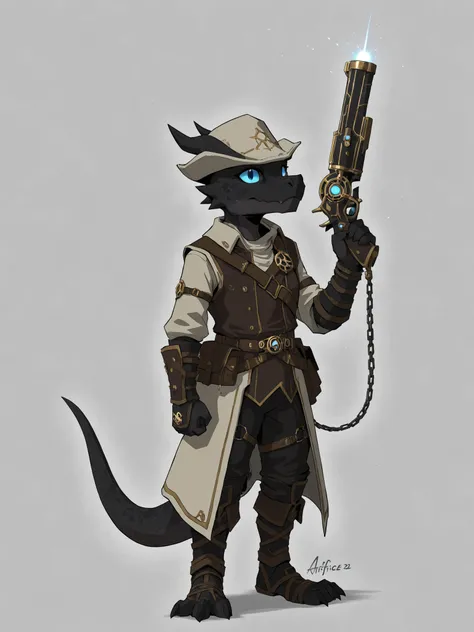 kobold, artificer, black scales, arcane pistol, blue eyes
