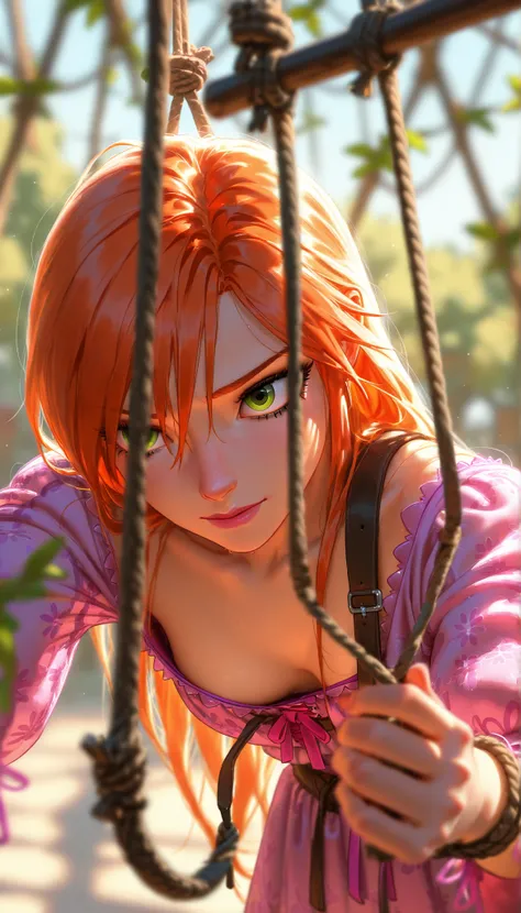 depth of field, high definition image,a lot of details, slip-on strap,Hanged by strap,piernas hanging,hanging,tangled,hands tied,